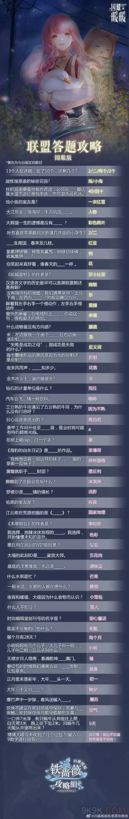 闪耀暖暖联盟答题答案大全最新版2021