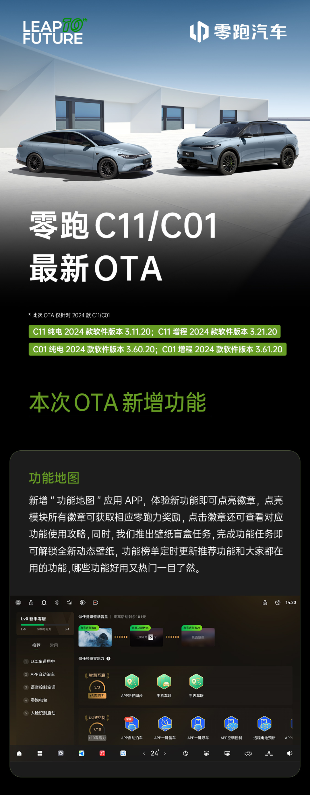 新增离车供电模式、分屏等功能，零跑