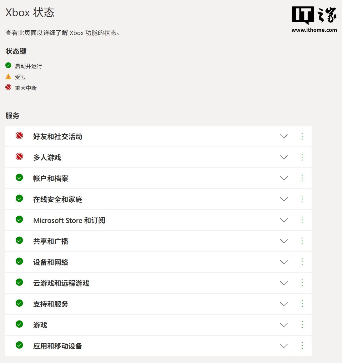 Xbox服务状态页面