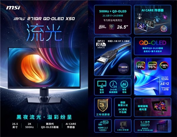 真 AI 更惊艳 微星推出 AI 电竞显示器 MPG 271QR QD-OLED X50 流光