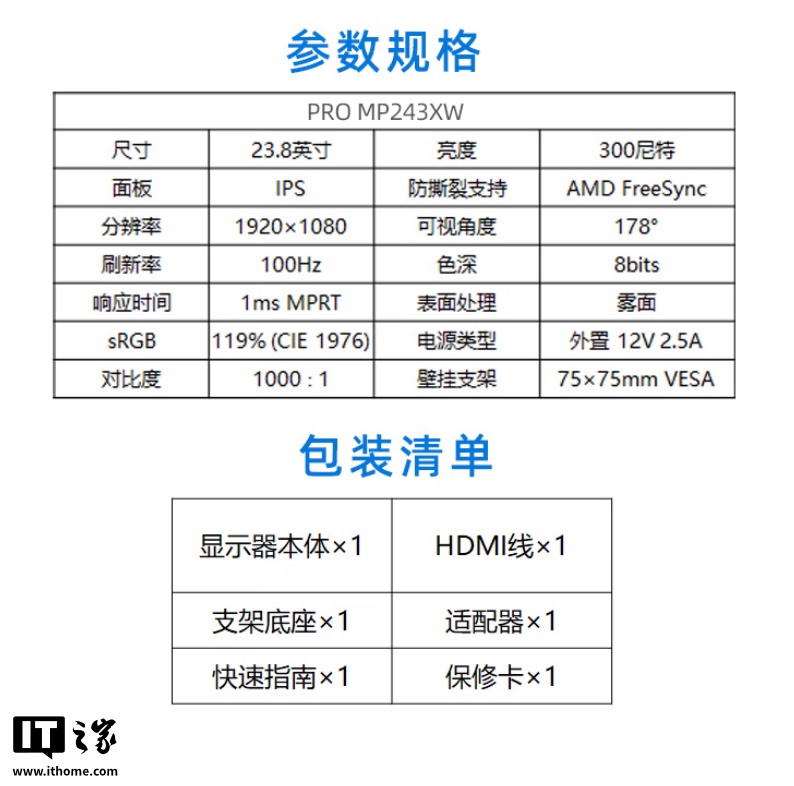 白色外壳 + 内置扬声器，599 元微星推出 23.8 英寸 1080P 100Hz 显示器“PRO MP243XW”
