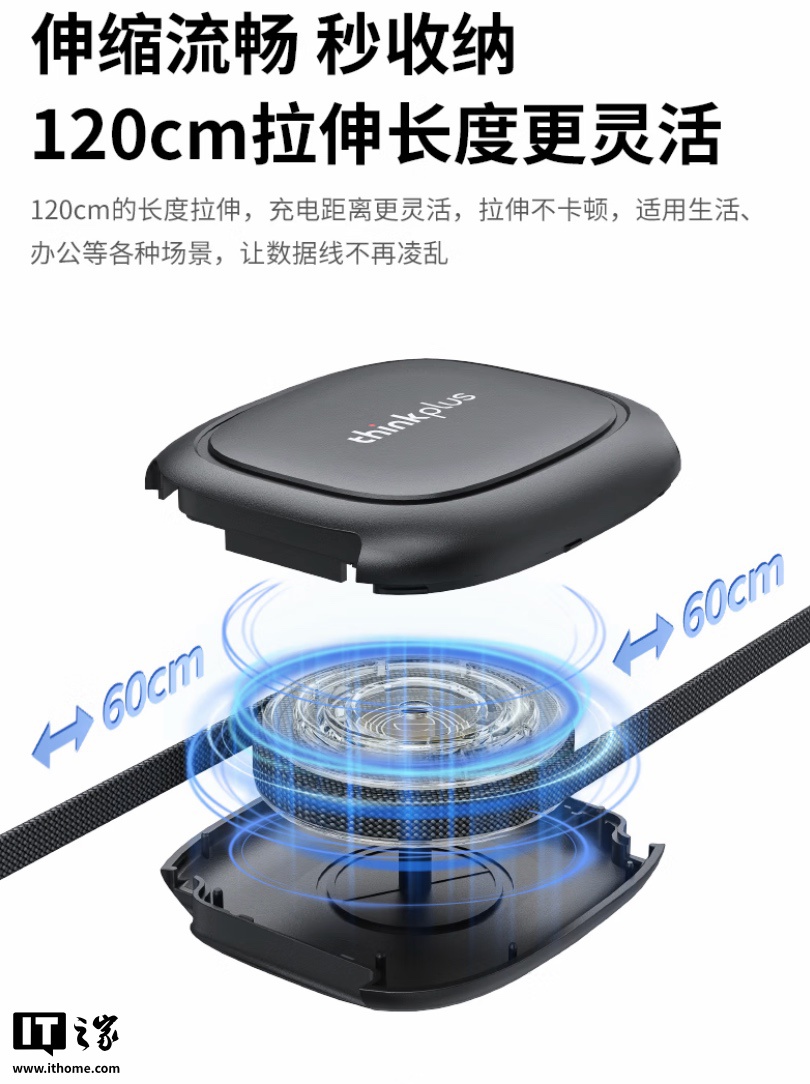 联想 thinkplus 240W USB-C 伸缩充电线首销：理线盒藏线、总长 120cm，53 元