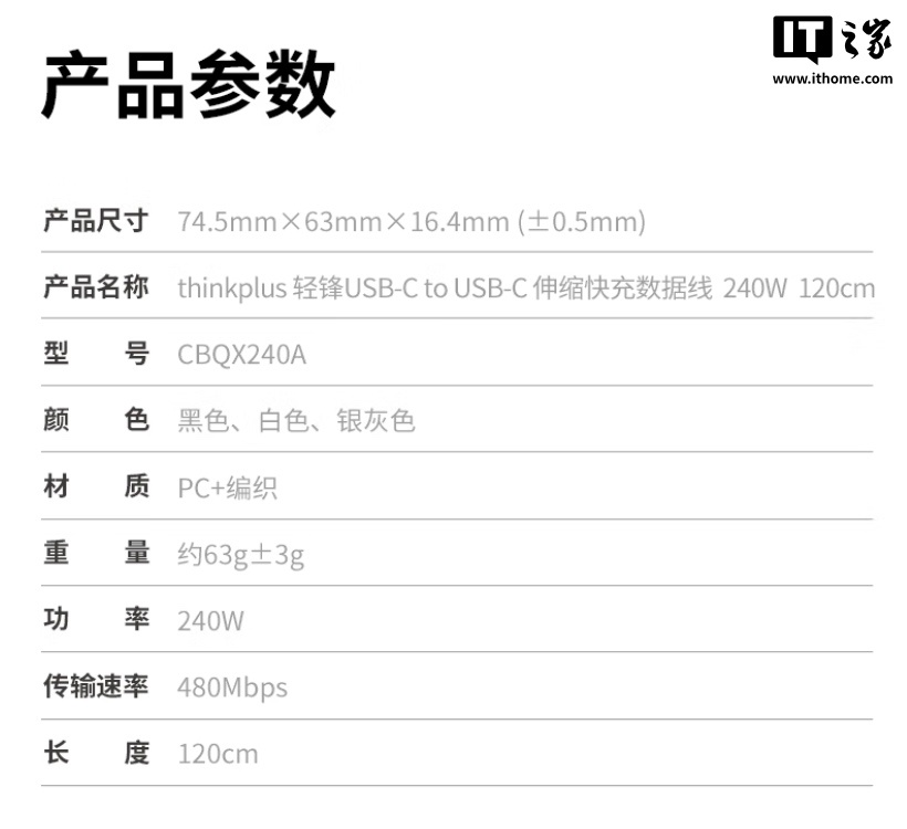 联想 thinkplus 240W USB-C 伸缩充电线首销：理线盒藏线、总长 120cm，53 元