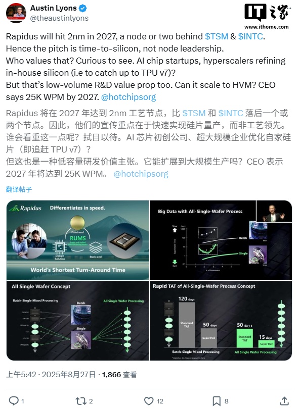 Rapidus 宣布完成 2nm GAA 测试流片：计划 2027 年大规模量产，月产能预计可达 2.5 万片