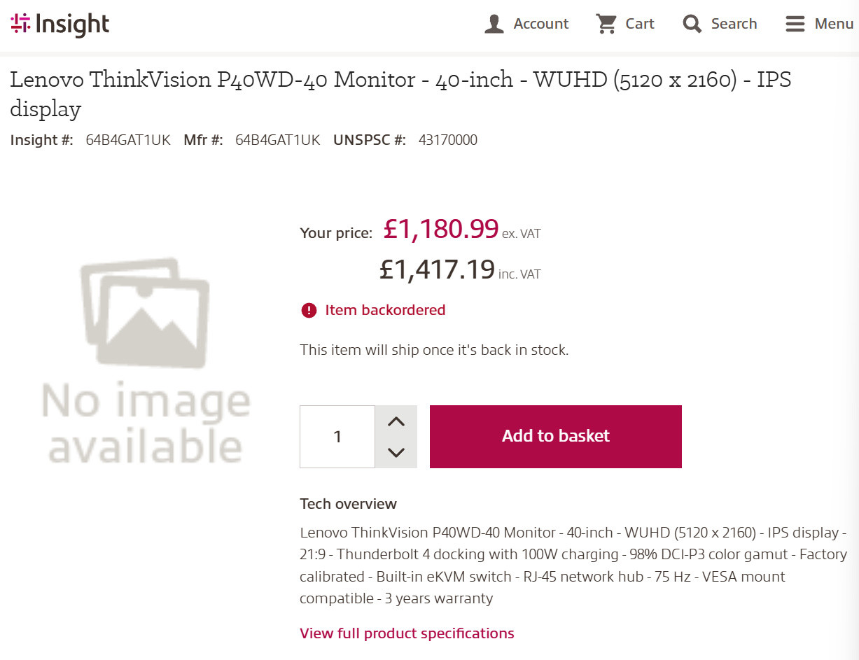联想 ThinkVision P40WD-40 显示器曝光：40 英寸 5K2K 曲面带鱼屏，含税价约为 1417 英镑