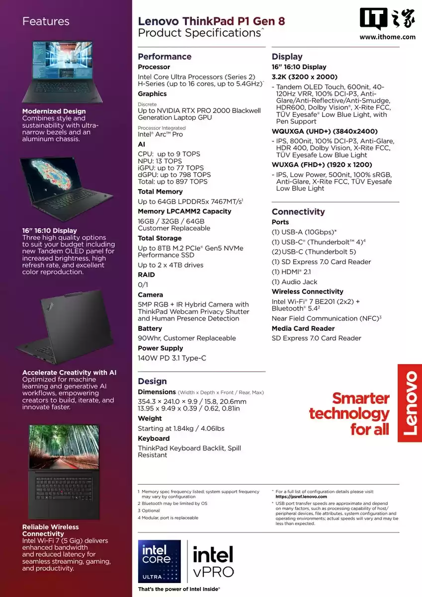 联想发布 ThinkPad P1 Gen8 笔记本:取消方口供电、增雷电 5 接口,搭 RTX Pro 2000 显卡