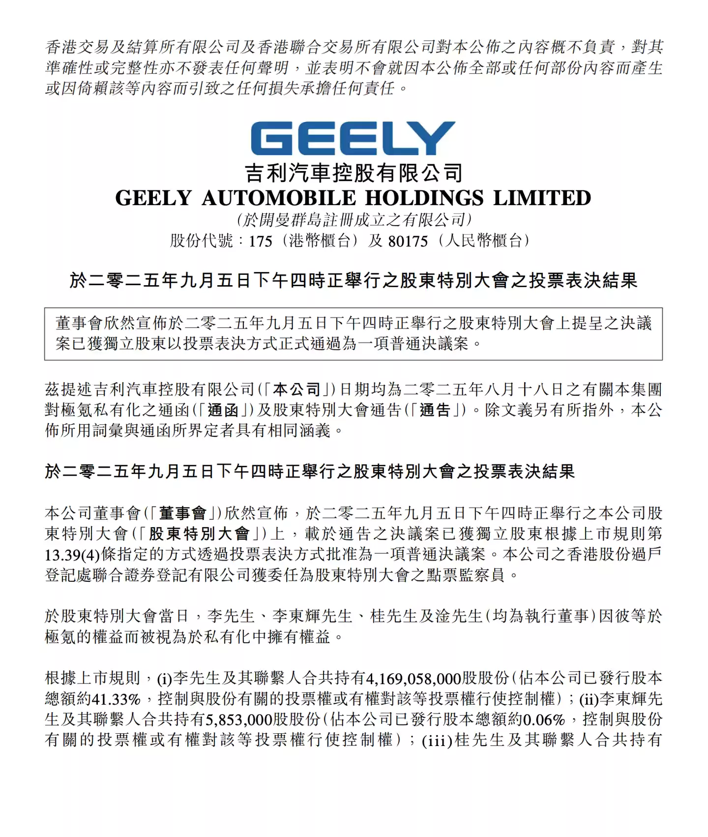吉利汽车“私有化极氪”议案获独立股东 95.14% 高票率通过