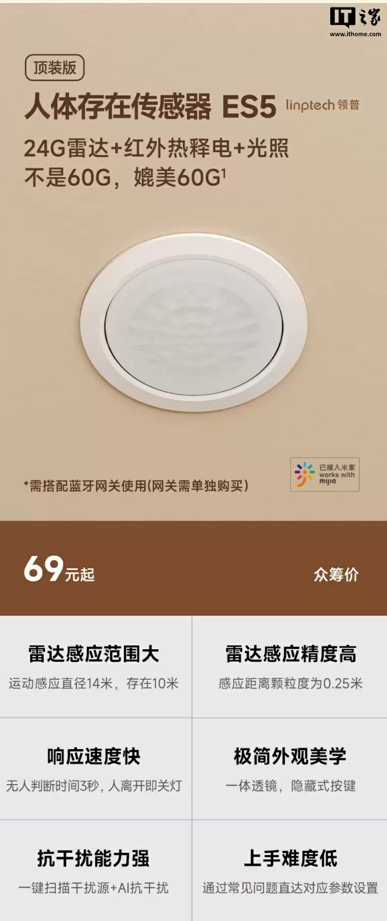 领普顶装人体存在传感器 ES5 上架:雷达、红外、光照检测三感合一,单只 69 元