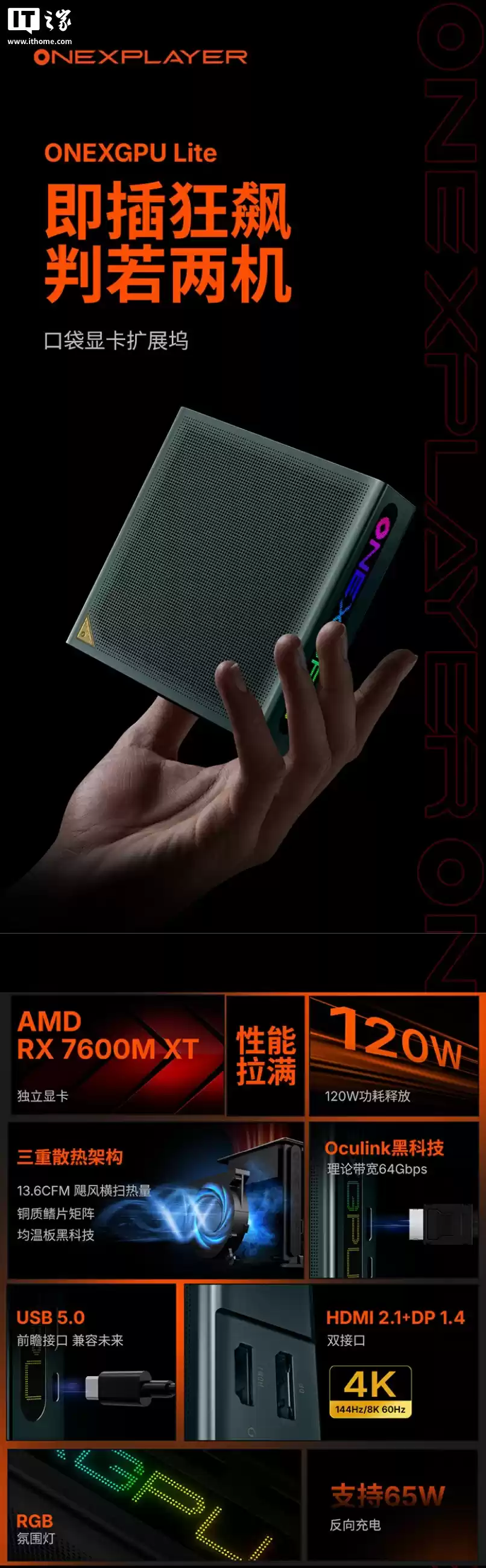 3899 元壹号本 ONEXGPU Lite 口袋显卡拓展坞发布:内置 RX 7600M XT、493.5g 重量