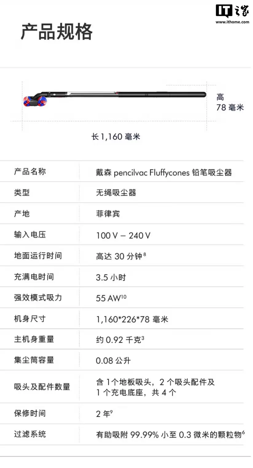 戴森 Dyson PencilVac“铅笔吸尘器”国行发售:机身直径 38 毫米、0.92 千克重量,3999 元