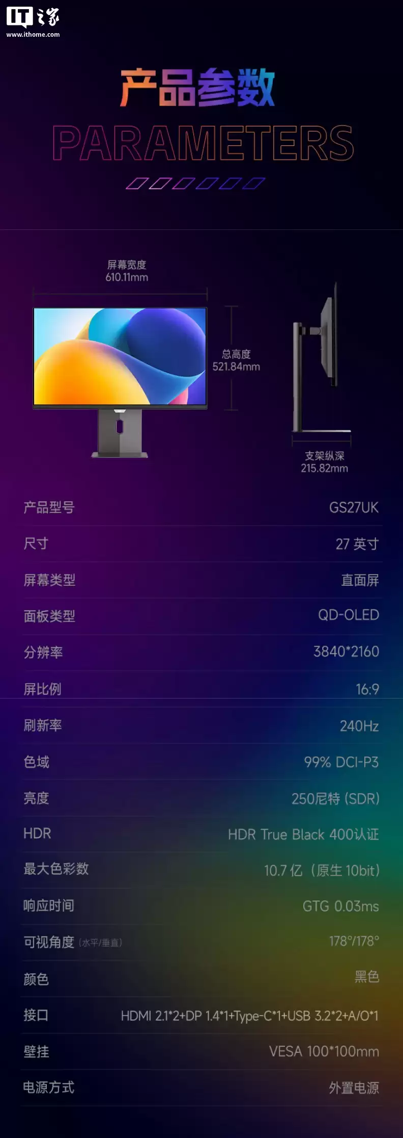 3999 元 HKC 推出 26.5 英寸显示器“GS27UK”：原生 10-Bit、4K 240Hz QD-OLED