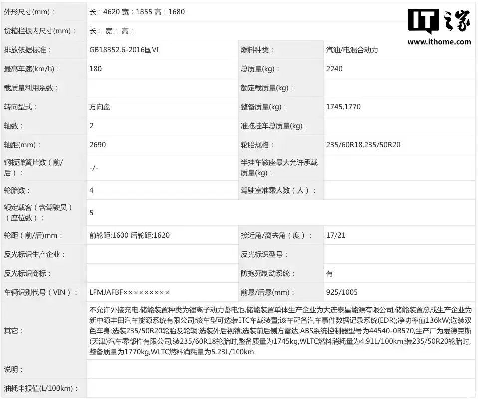 全新丰田 RAV4 申报，新增 2.0L 混动车型
