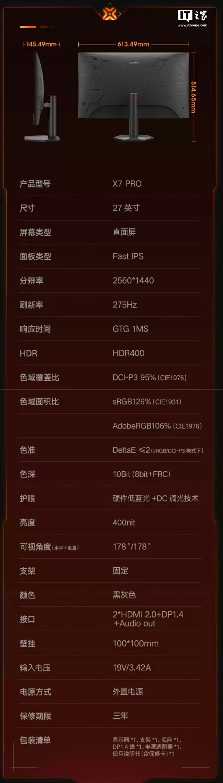 2K 275Hz Fast IPS，899 元科睿 27 英寸显示器 X7 PRO 首销