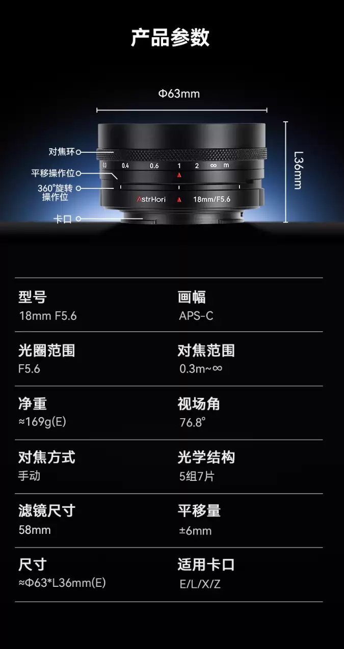岩石星推出全新 18mm f/5.6 饼干移轴镜头，平移轴量 12mm、半画幅 E / L / X / Z 卡口