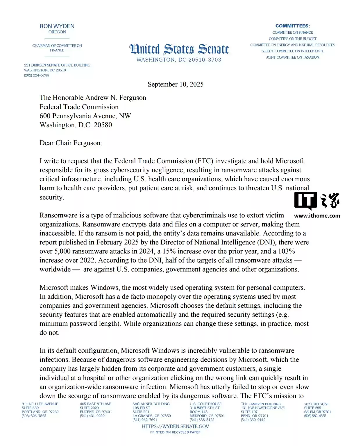 美参议员指责微软垄断和疏忽安全：靠增值服务获利，像“纵火犯向受害者推销灭火服务”