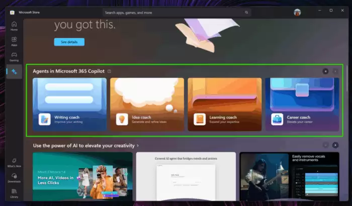微软邀测 Win11 应用商店 22508.1401 版:AI 教练上线,页面支持启动应用