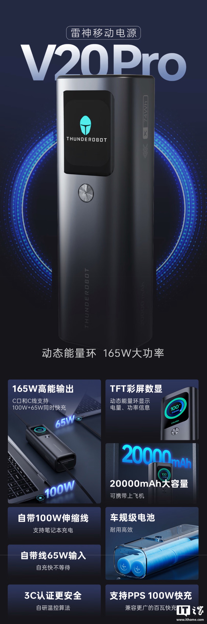 289 元雷神推出 V20 Pro 带屏自带线 12000mAh 移动电源：2C + 1A，屏幕信息可常显