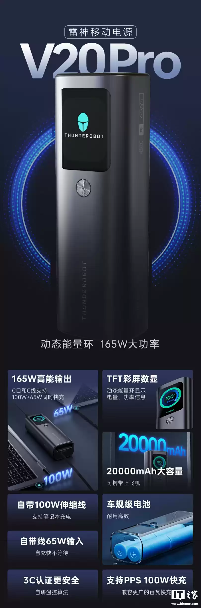 289 元雷神推出 V20 Pro 带屏自带线 12000mAh 移动电源：2C + 1A，屏幕信息可常显