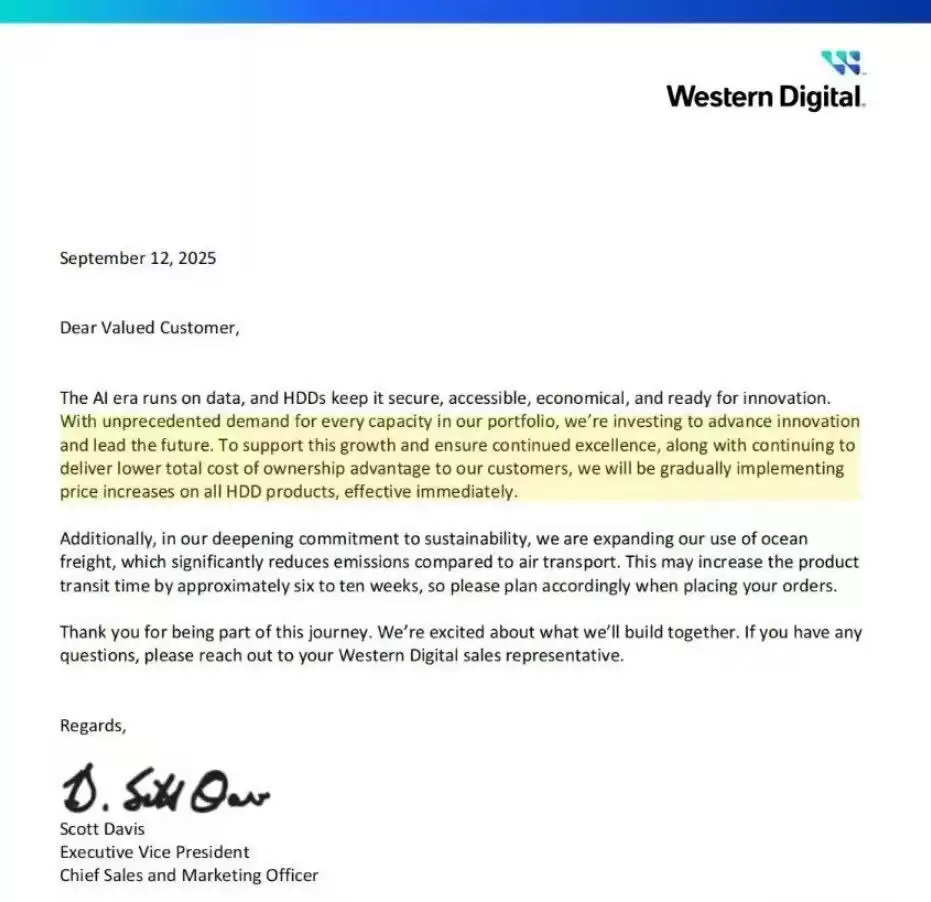 西部数据宣布即日起逐步上调所有机械硬盘产品价格