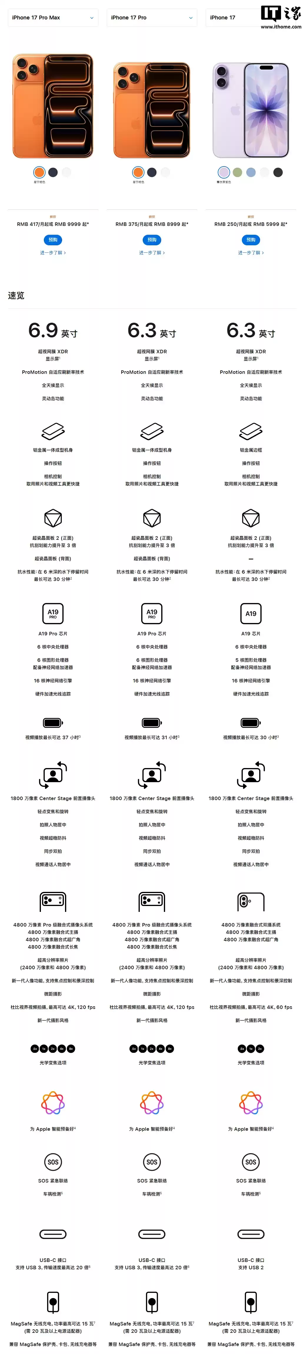 苹果 iPhone 17 / Pro 系列手机正式发售，5999 元 / 8999 元起