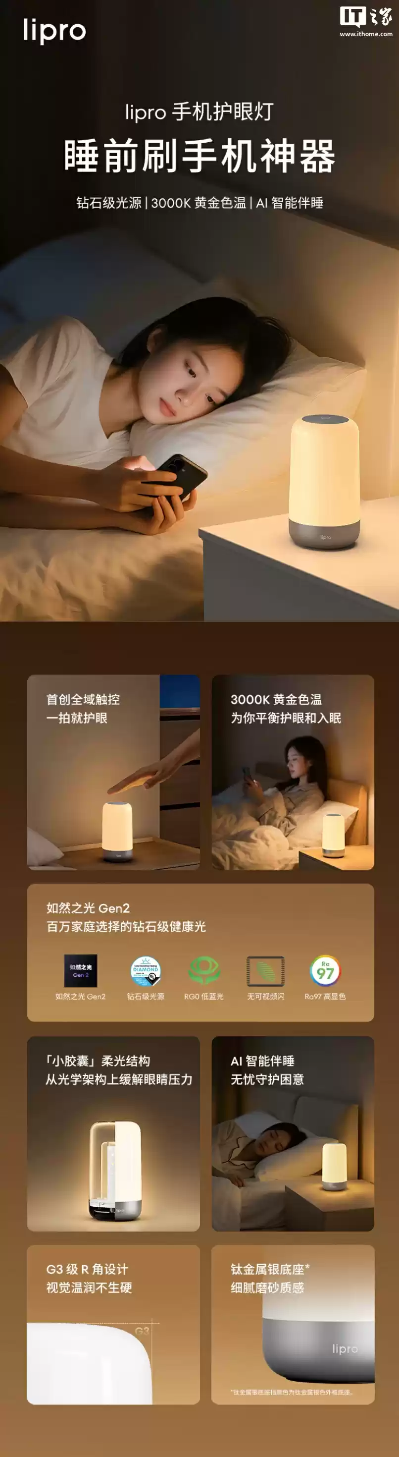 lipro 手机护眼灯上架：3000K 色温、Ra97 显色指数，到手价 316.46 元