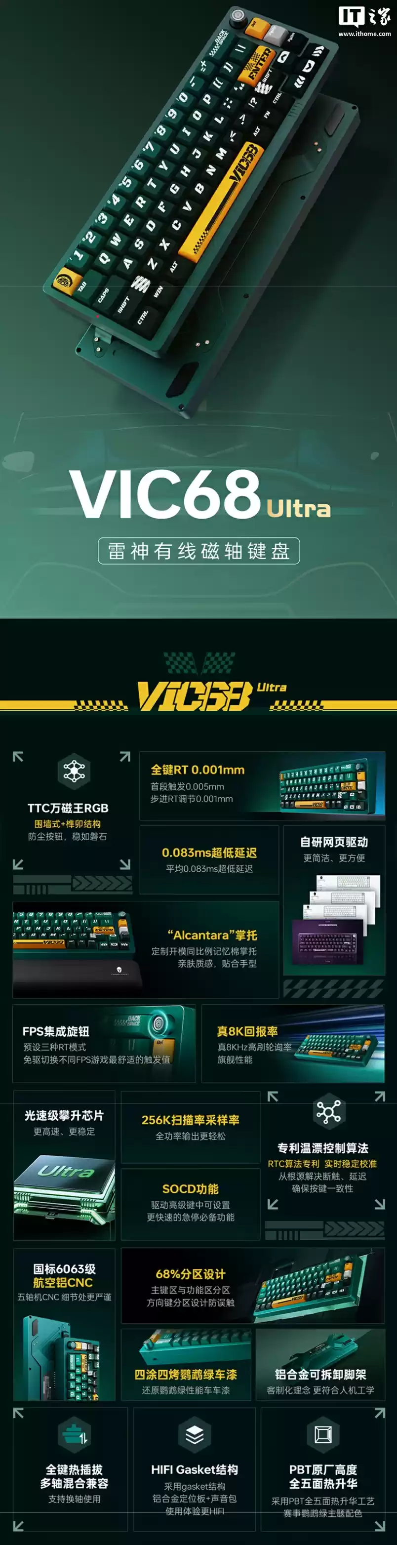 雷神推出 VIC68 Ultra 有线磁轴键盘：0.001mm RT 精度、TTC 万磁王 RGB 轴体，899 元