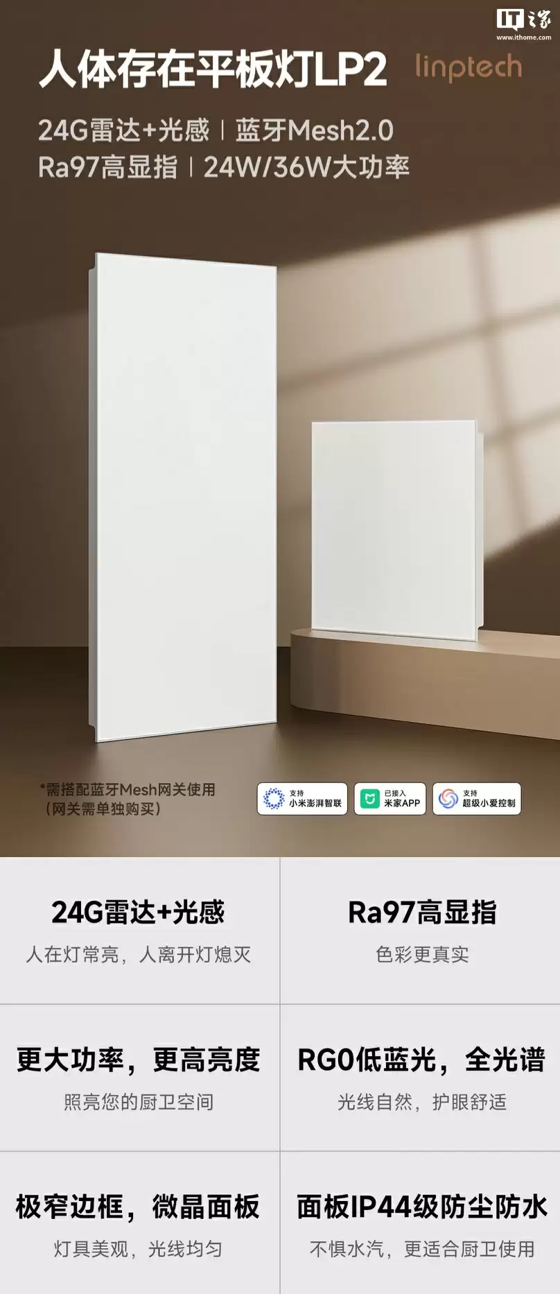 领普人在平板灯 LP2 上架：双尺寸可选、5700K 色温 / Ra97 显色指数，69 元起