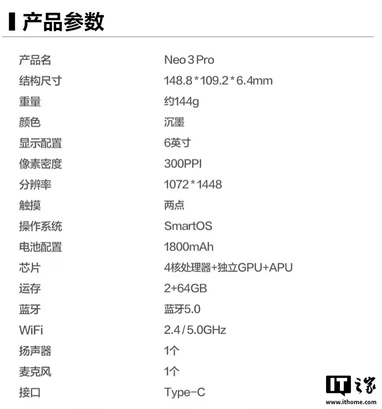 掌阅 iReader Neo3 Pro 黑白墨水屏电纸书上架:6 英寸 Carta 1300 面板、1800mAh 电池,1099 元