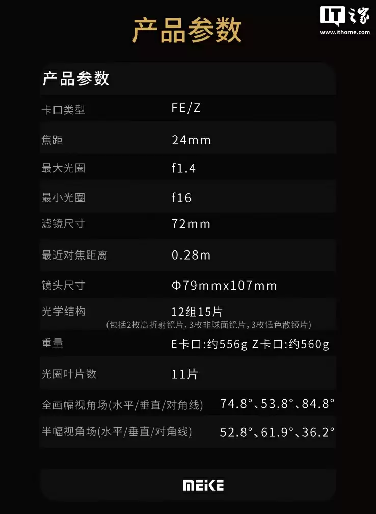 美科 AF 24mm F1.4 全画幅相机镜头开售：提供索尼 E / 尼康 Z 卡口，3099 元
