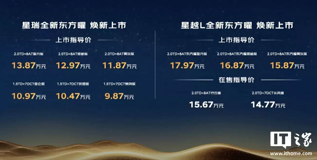 限时 9.37 万元起，吉利全新星瑞 / 星越 L・东方曜汽车上市