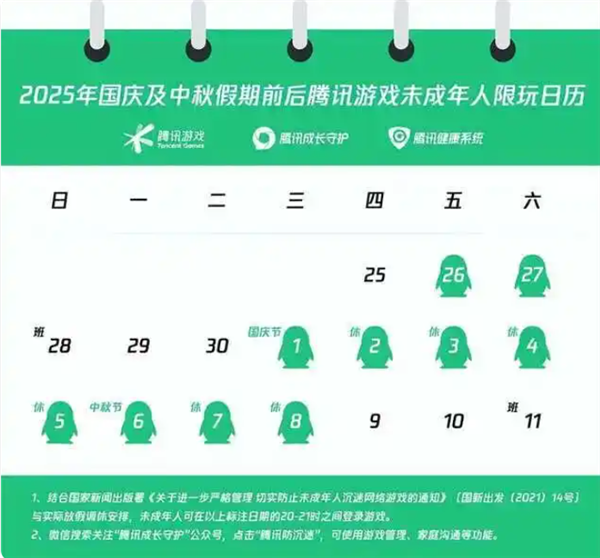 腾讯网易规定：国庆中秋未成年人游戏限时10小时