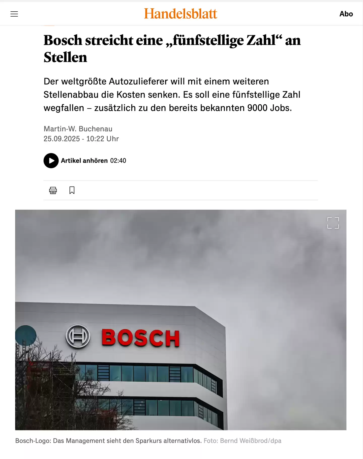 博世计划大规模裁员：规模或达数万人，为省钱