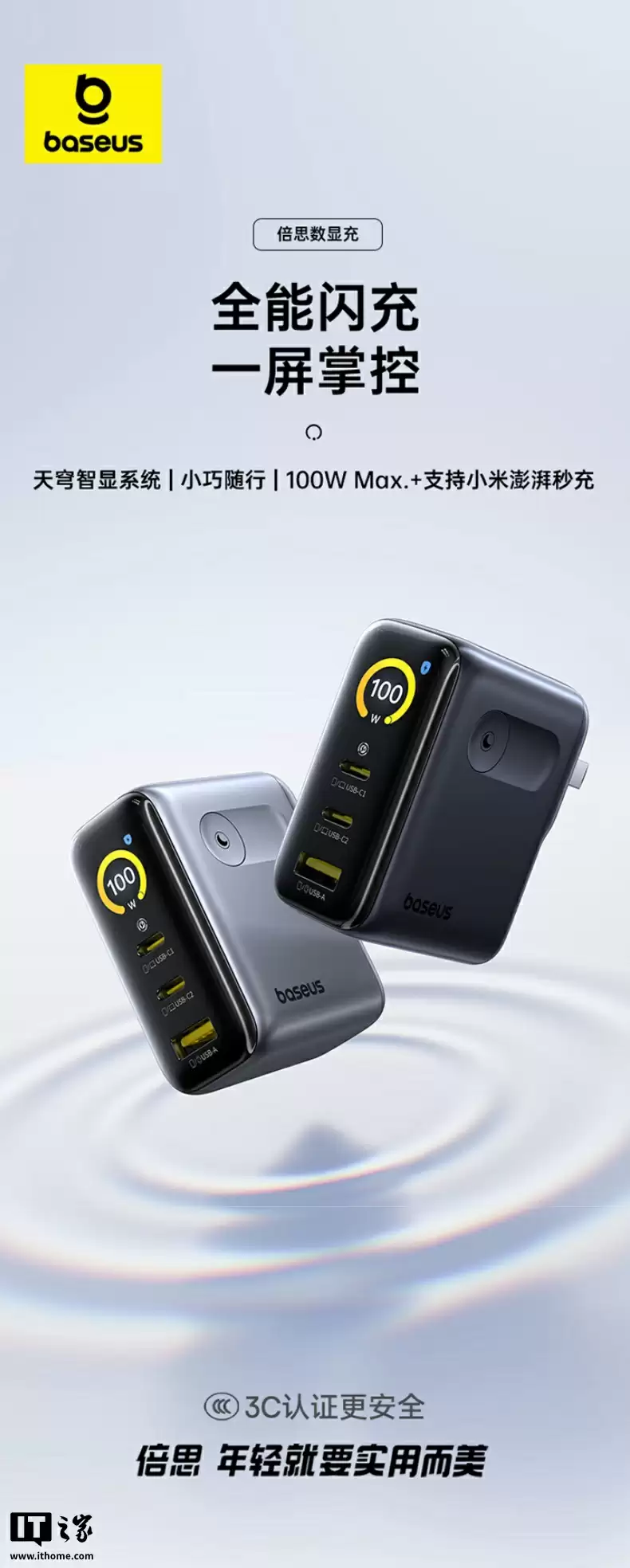 倍思 100W 带屏充电头首销：2C+1A、支持 90W 小米澎湃秒充，189 元