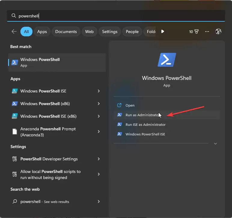管理员模式启动PowerShell