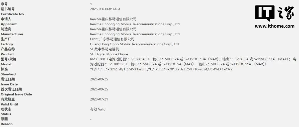 realme 新机通过 3C 认证:预计为真我 GT8,支持 100W 快充