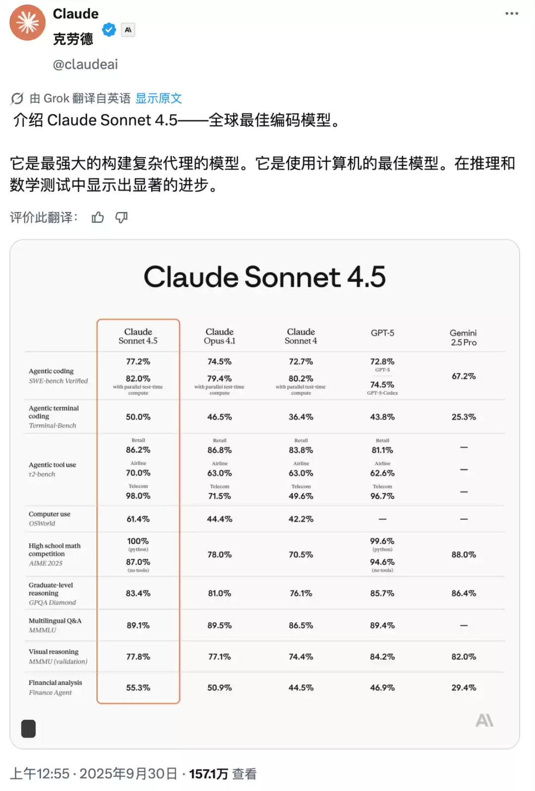 Claude Sonnet 4.5发布