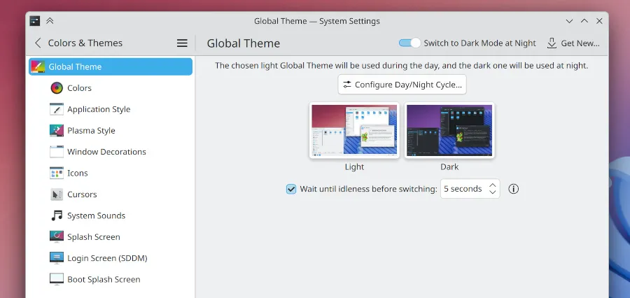 Plasma 6.5全新的日夜主题切换功能
