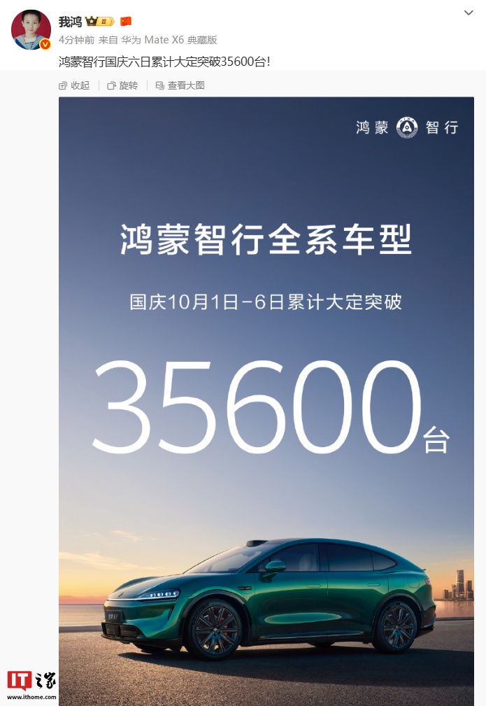 鸿蒙智行10月销量破3.56万台,国庆6天热销