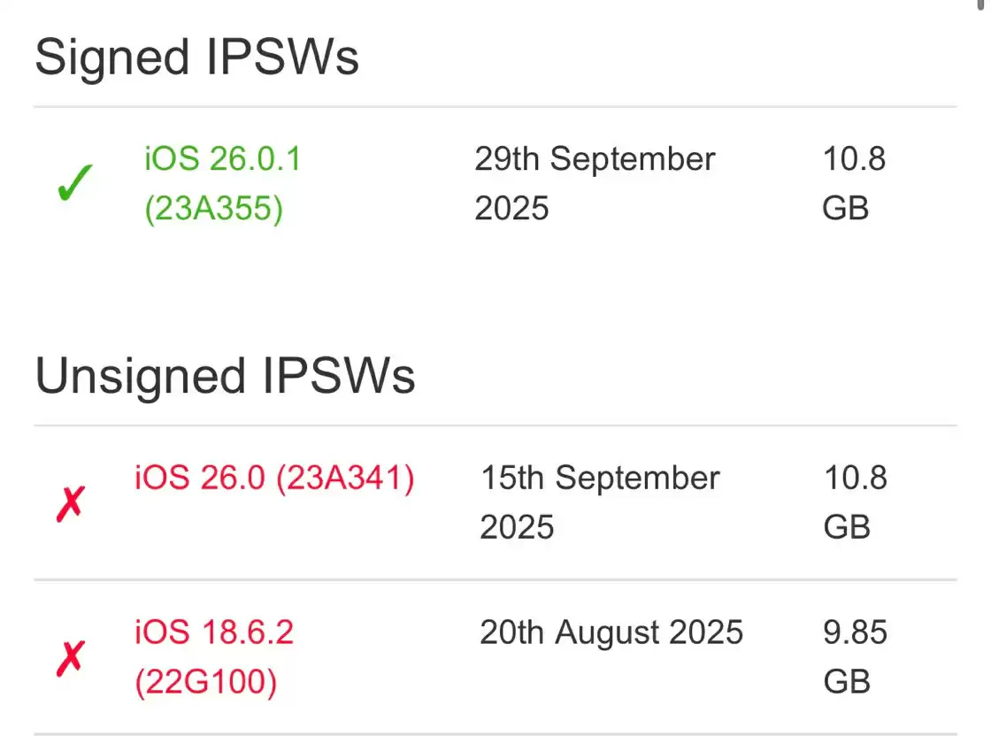 苹果关闭 iOS / iPadOS 26 验证通道，iPhone 17 系列等升级 26.0.1 后无“后悔药”