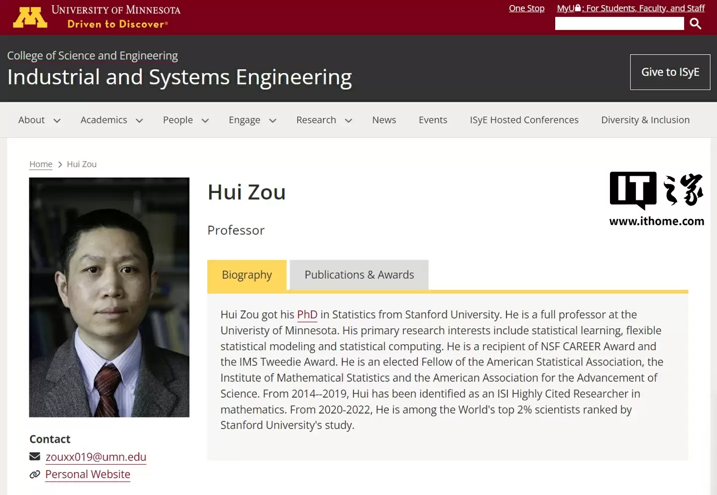 邹晖成为首位获得统计学奠基人奖的中国人