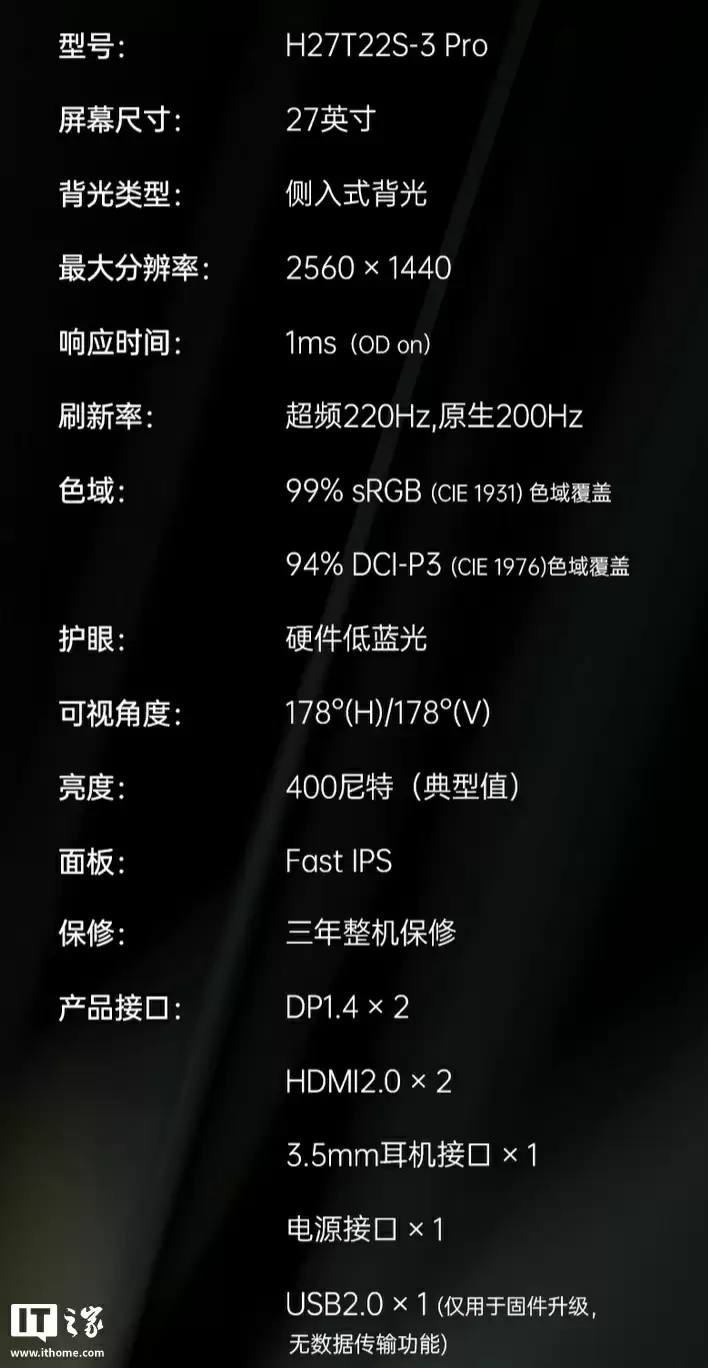 KTC“H27T22S-3Pro”27 英寸显示器首销:2K 220Hz 超频、双 2W 扬声器,749 元