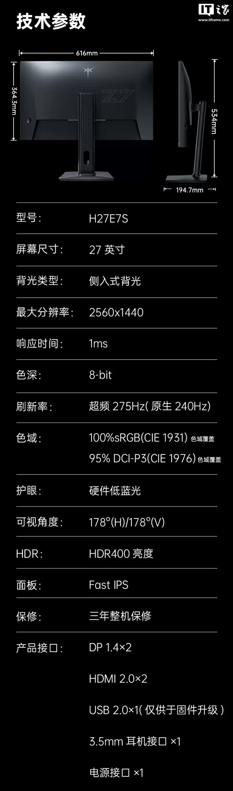 KTC“H27E7S”27 英寸显示器预售：2K 275Hz 超频，849 元