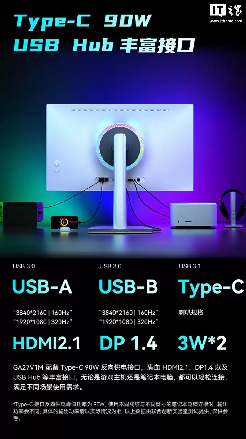 联合创新推出 27 英寸显示器“GA27V1M”:4K 160Hz / FHD 320Hz + 双扬 + 光线传感器,2599 元