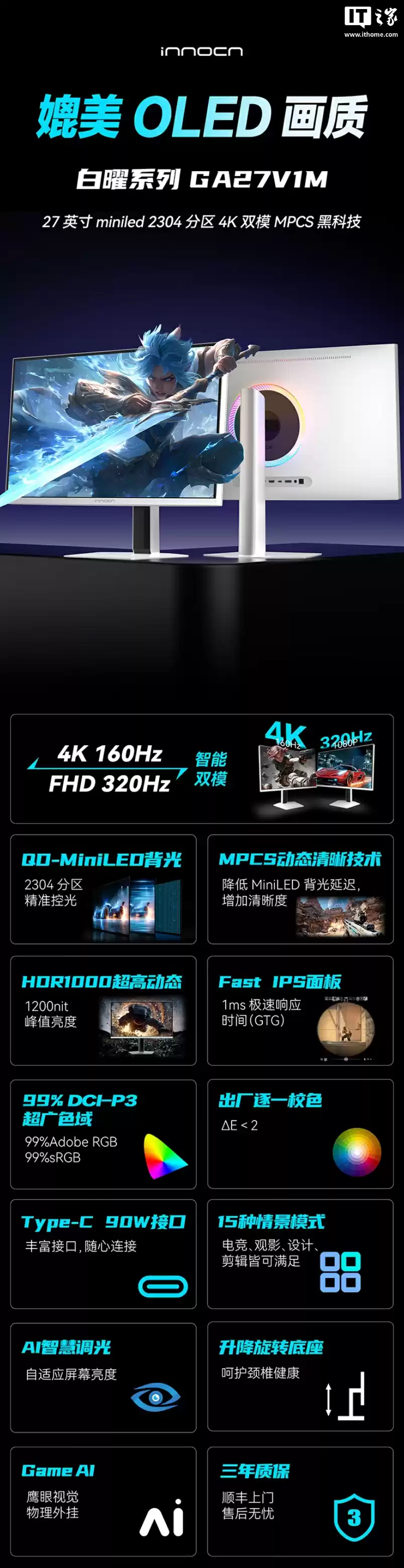 联合创新推出 27 英寸显示器“GA27V1M”:4K 160Hz / FHD 320Hz + 双扬 + 光线传感器,2599 元