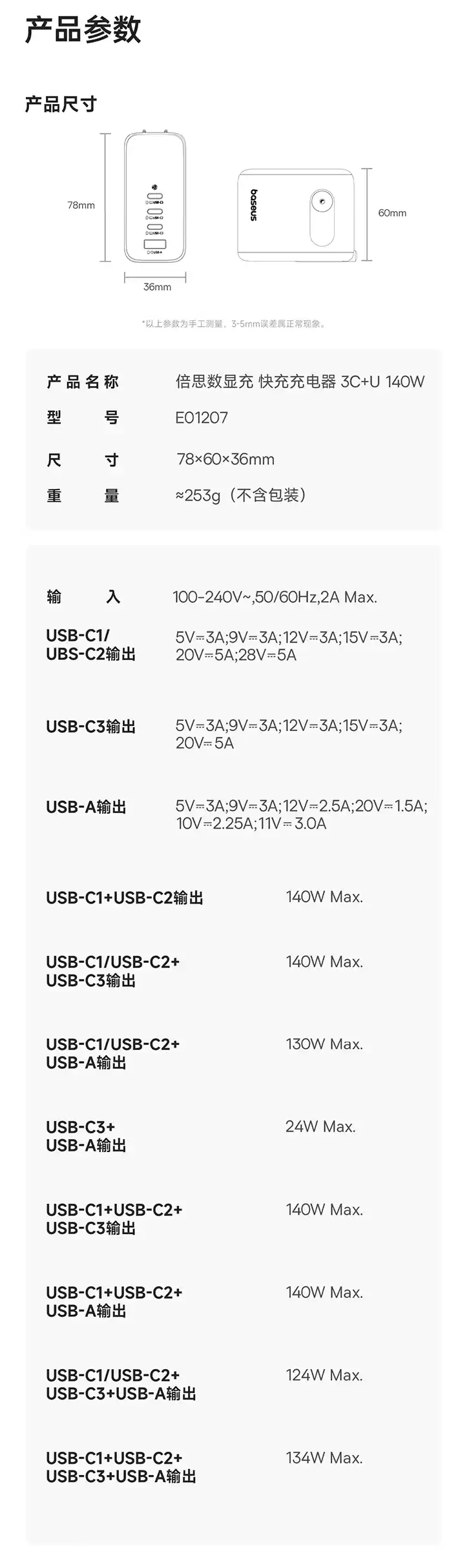 倍思140W充电头参数表1