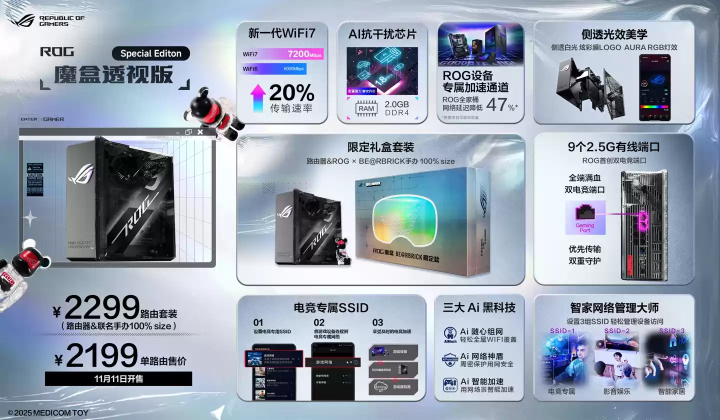华硕 ROG 推出 BE@RBRICK 潮玩联名夜魔 Extreme 键盘、魔盒路由器，透明设计
