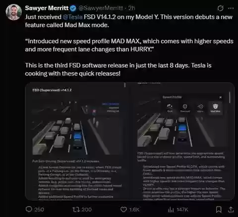 特斯拉FSD v14.1.2上线疯狂麦克斯模式