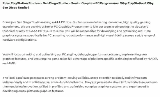 索尼圣迭戈工作室招聘PC图形程序员，或将推全新AAA大作