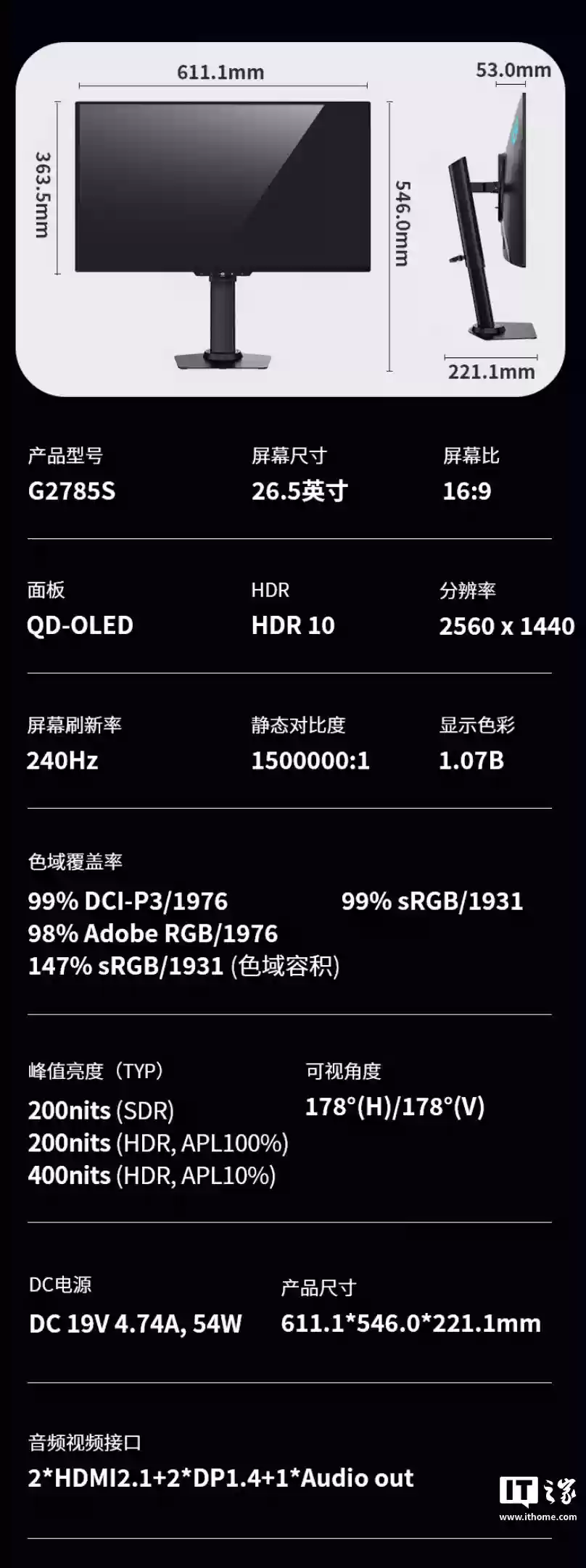 泰坦军团推出“G2785S”26.5 英寸显示器：2K 240Hz QD-OLED，1999 元