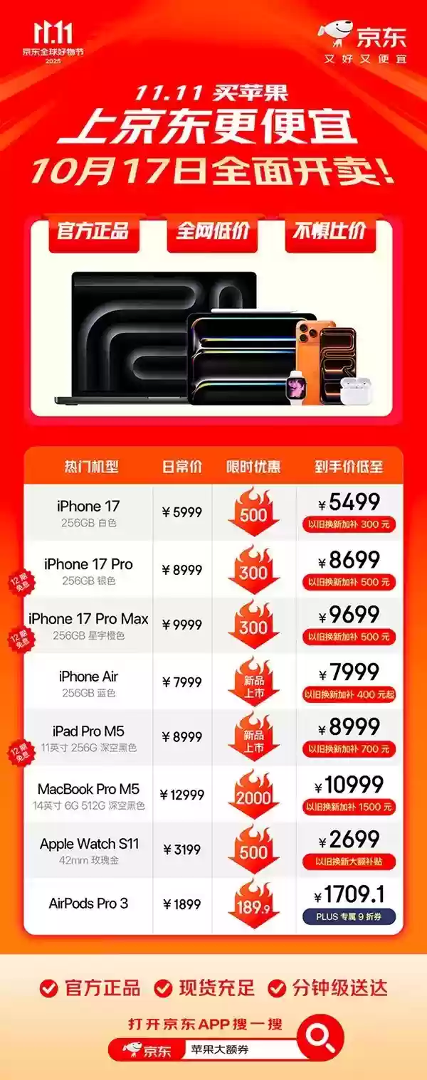 京东11.11开启Apple大促 2025年Apple新品现货首降，至高优惠2100元